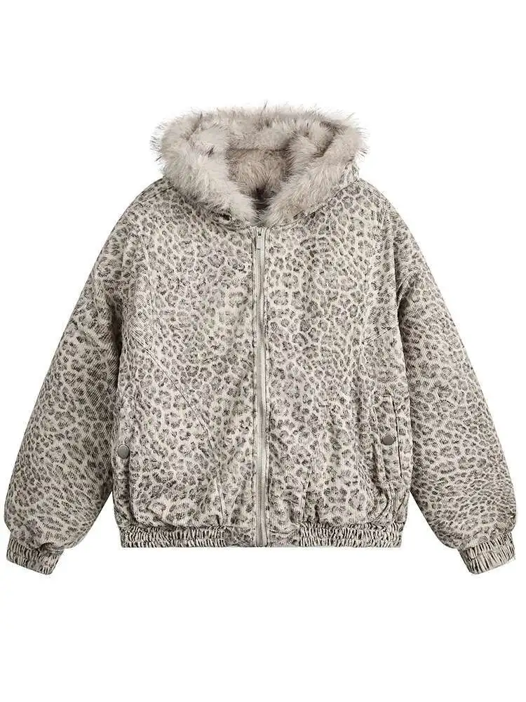 PFHQ Niche Design Men's Fleece Jackets Hooded Leopard Print Fur Thick Padded Coats Thermal Contrast Color Male Clothing CPG2405