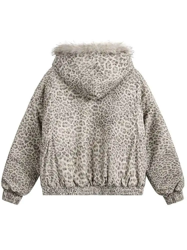 PFHQ Niche Design Men's Fleece Jackets Hooded Leopard Print Fur Thick Padded Coats Thermal Contrast Color Male Clothing CPG2405