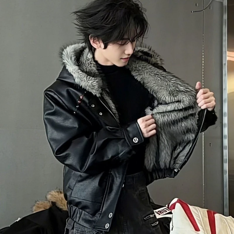 Mens Jacket Harajuku American Deconstructed Faux Wolf Fur Hooded Cotton Coat Studded Short Leather Style Winter Warm Streetwear