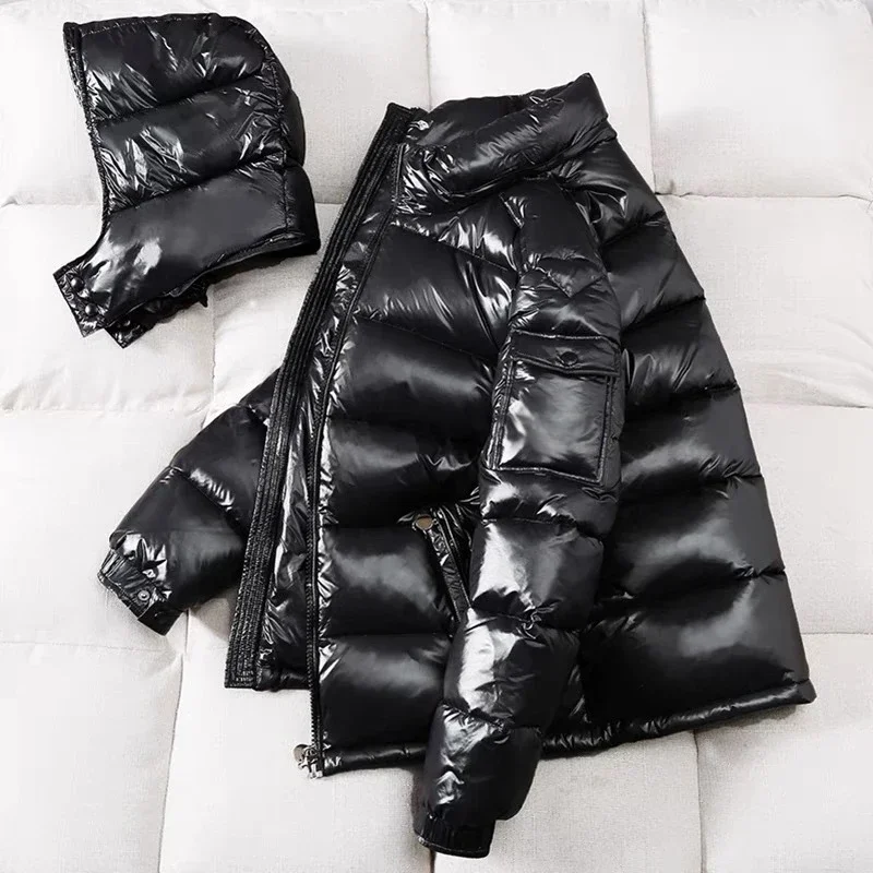 Mens Glossy Parka Casual White Duck Hooded Down Jacket Waterproof Windproof Ski Thick Warm Outwear Men Winter Fashion Shiny Coat