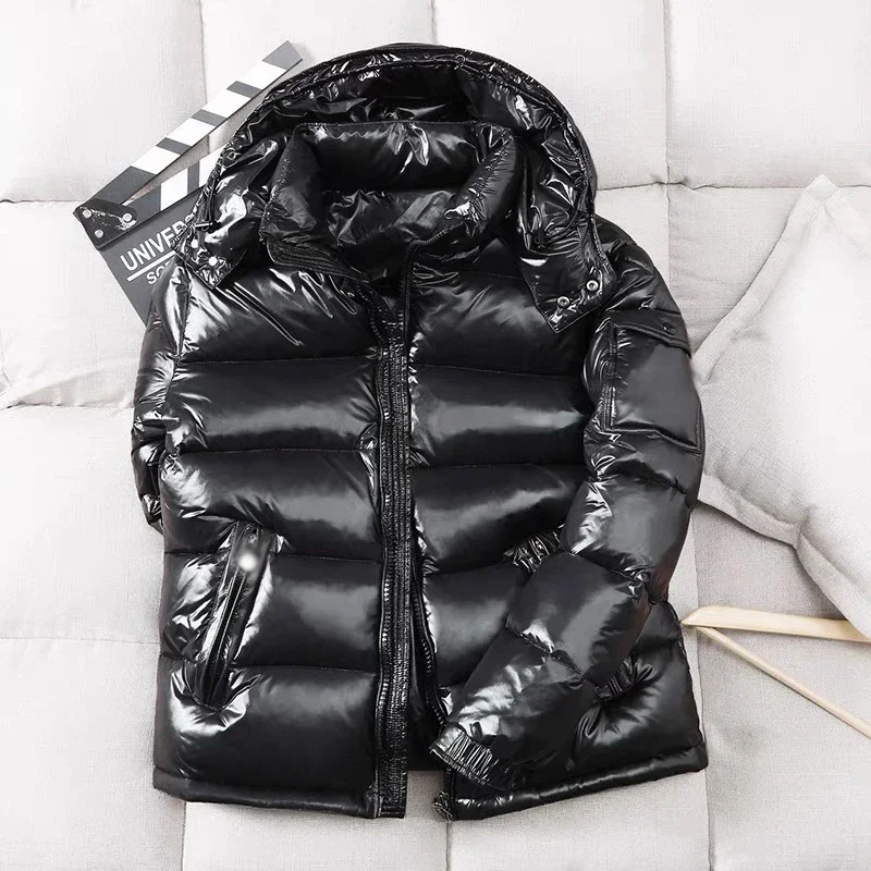 Mens Glossy Parka Casual White Duck Hooded Down Jacket Waterproof Windproof Ski Thick Warm Outwear Men Winter Fashion Shiny Coat