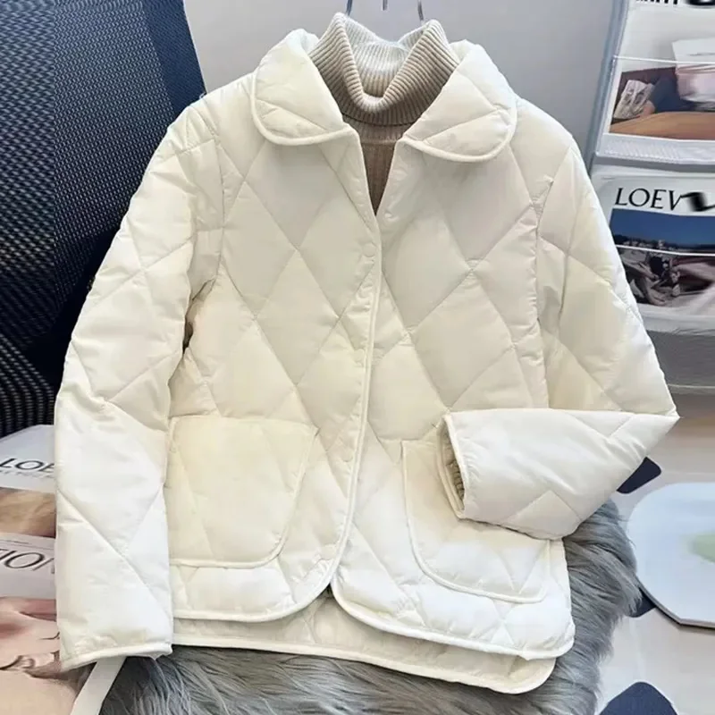 2025 Autumn Winter New Short Cotton Coat Women Rhomb Light Casual Down Cotton Jacket Big Pocket Warm Female Outwear