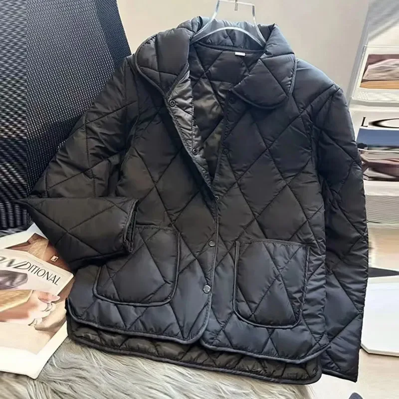 2025 Autumn Winter New Short Cotton Coat Women Rhomb Light Casual Down Cotton Jacket Big Pocket Warm Female Outwear
