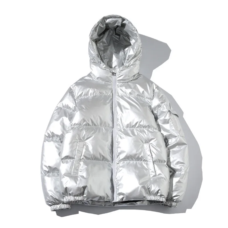 2026 High-Shine Puffer Jacket Men's Cropped Oversized Hooded Coat Futuristic Tech-Inspired Streetwear Metallic Winter Coat Youth