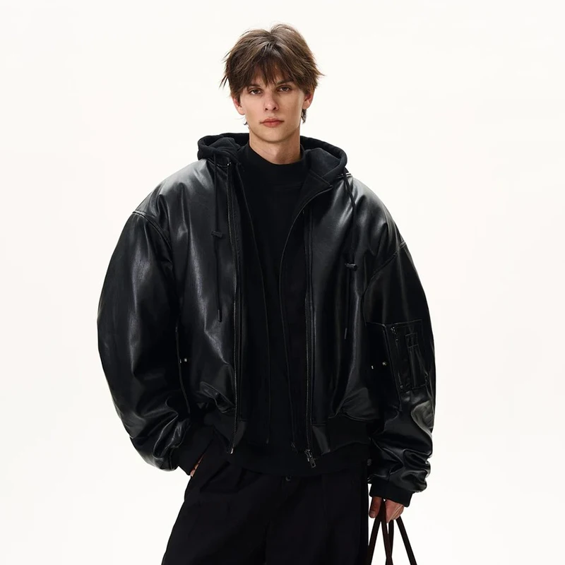 PFHQ Niche Men PU Leather Cotton Jacket American Style Fake Two-Piece Spliced Hooded Thickened Design Fashion Clothing 21E7548
