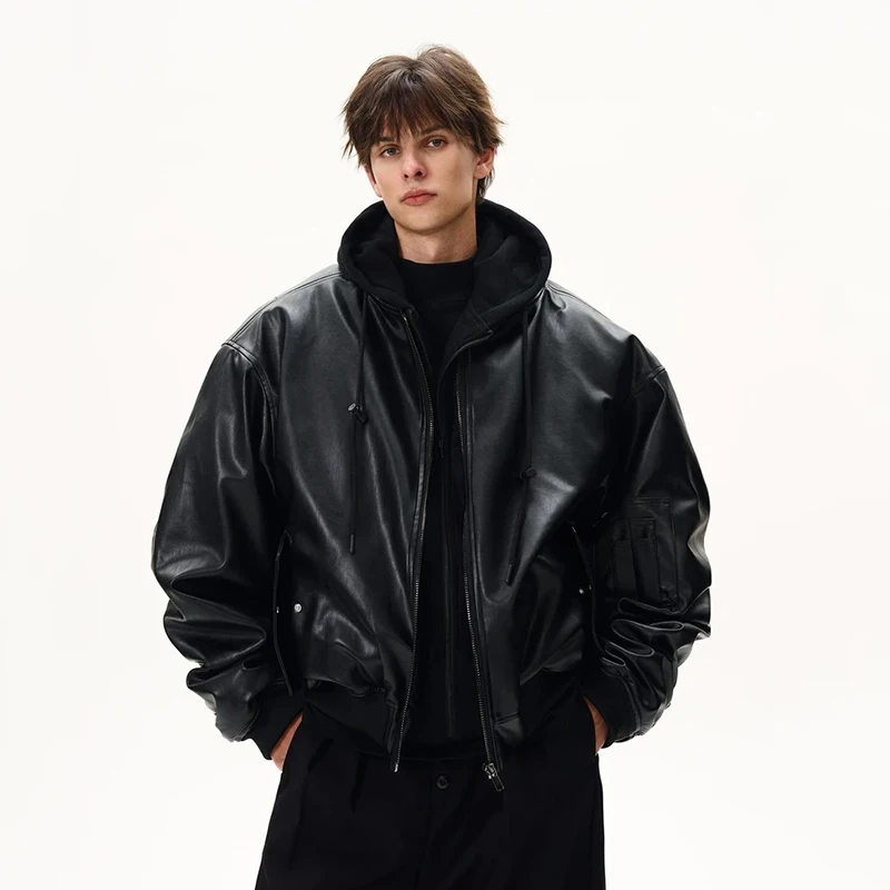 PFHQ Niche Men PU Leather Cotton Jacket American Style Fake Two-Piece Spliced Hooded Thickened Design Fashion Clothing 21E7548