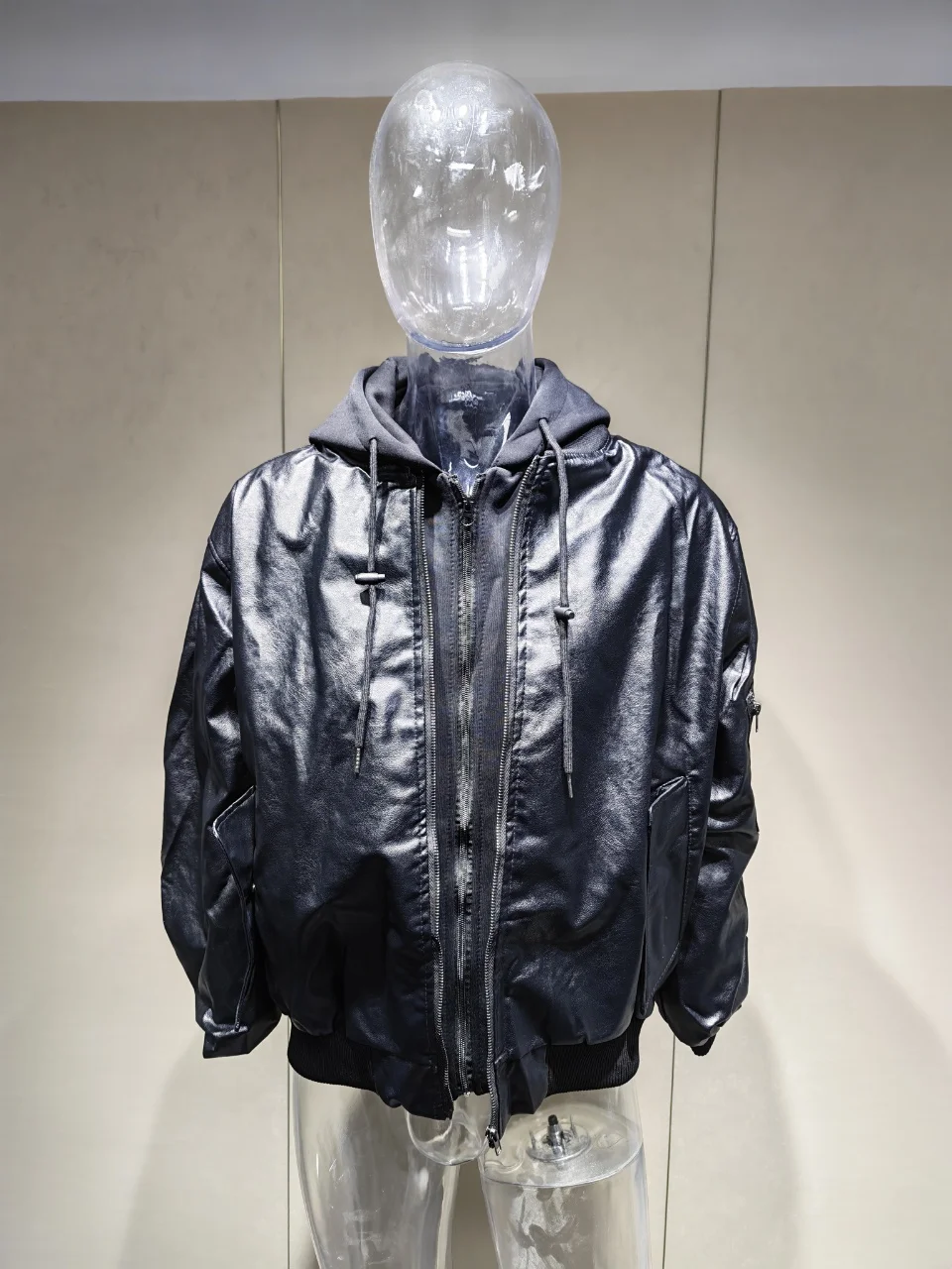 PFHQ Niche Men PU Leather Cotton Jacket American Style Fake Two-Piece Spliced Hooded Thickened Design Fashion Clothing 21E7548