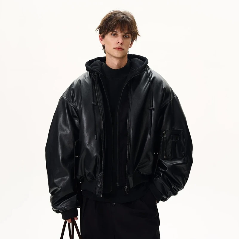 PFHQ Niche Men PU Leather Cotton Jacket American Style Fake Two-Piece Spliced Hooded Thickened Design Fashion Clothing 21E7548