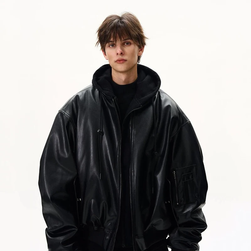 PFHQ Niche Men PU Leather Cotton Jacket American Style Fake Two-Piece Spliced Hooded Thickened Design Fashion Clothing 21E7548