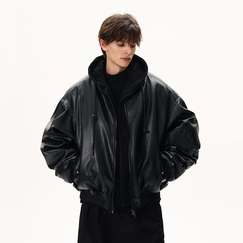 PFHQ Niche Men PU Leather Cotton Jacket American Style Fake Two-Piece Spliced Hooded Thickened Design Fashion Clothing 21E7548