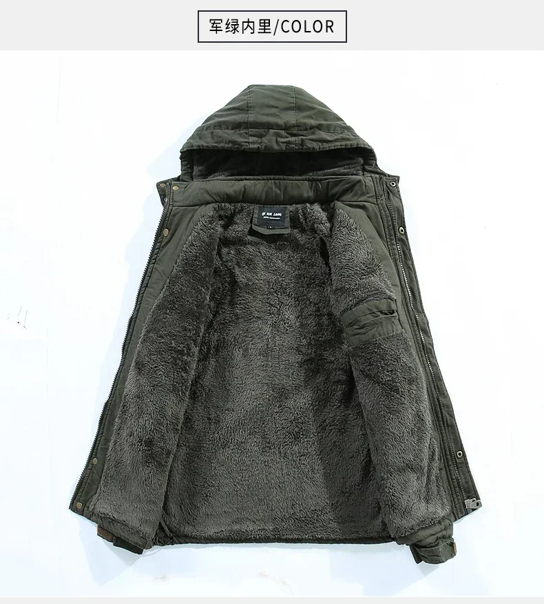 Man Washed Cotton Thick Fleece Parkas Coat Military Windproof Hooded Jackets Casual New Winter Warm Varsity Men Jacket