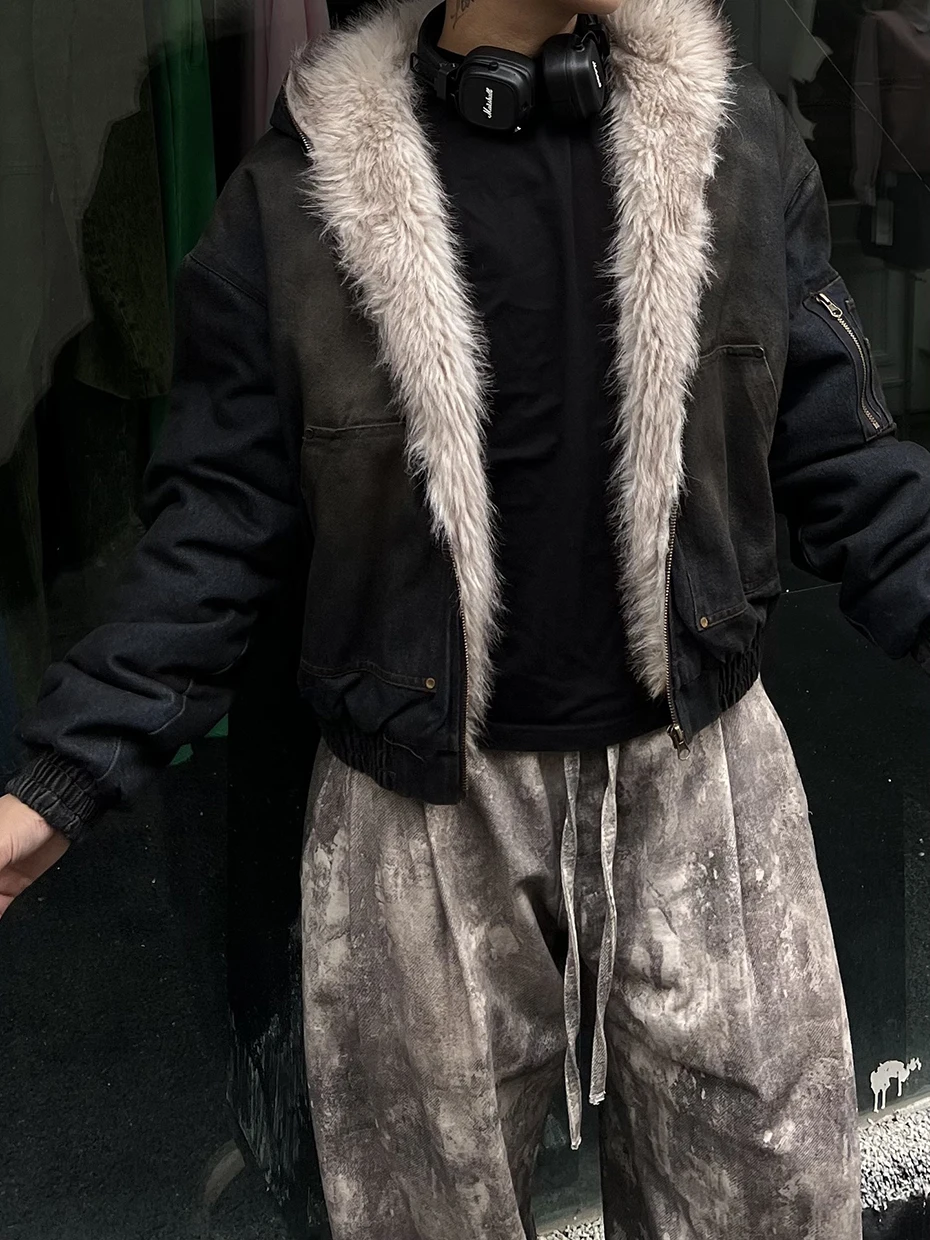 Vintage Denim Parkas Fur Warm Padded Jackets Men Streetwear Harajuku Oversized Bubble Coat Outwear