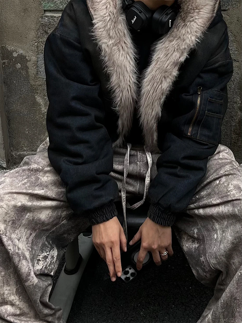 Vintage Denim Parkas Fur Warm Padded Jackets Men Streetwear Harajuku Oversized Bubble Coat Outwear