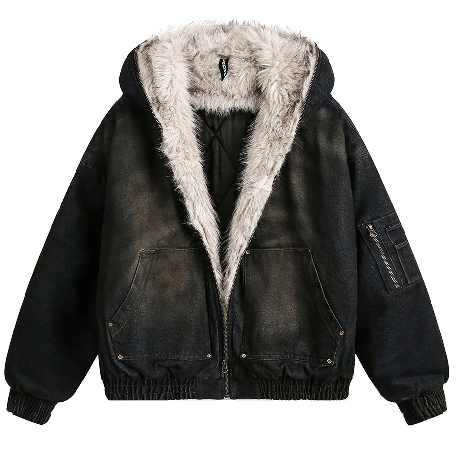 Vintage Denim Parkas Fur Warm Padded Jackets Men Streetwear Harajuku Oversized Bubble Coat Outwear