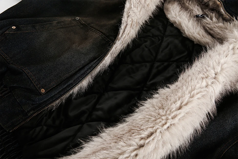 Vintage Denim Parkas Fur Warm Padded Jackets Men Streetwear Harajuku Oversized Bubble Coat Outwear