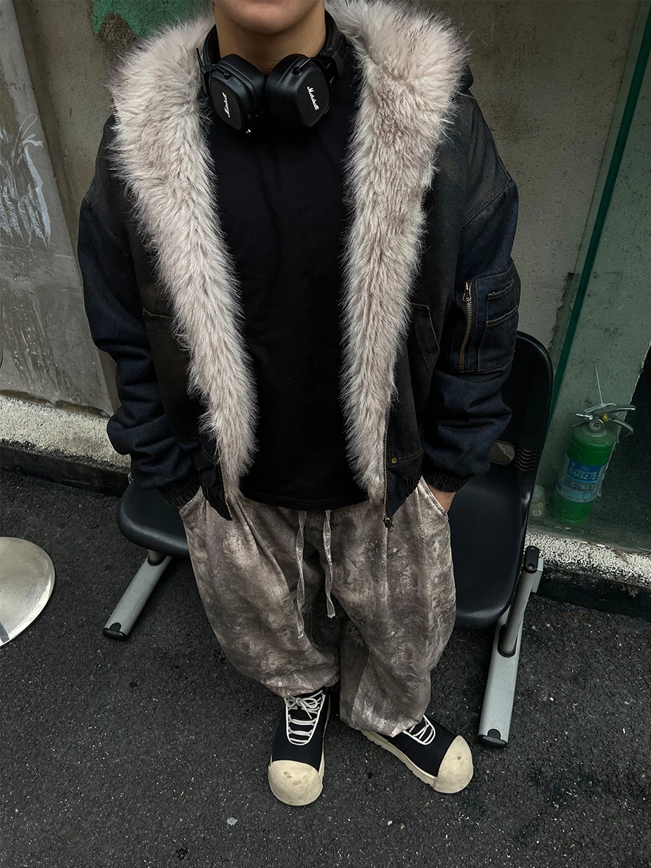 Vintage Denim Parkas Fur Warm Padded Jackets Men Streetwear Harajuku Oversized Bubble Coat Outwear