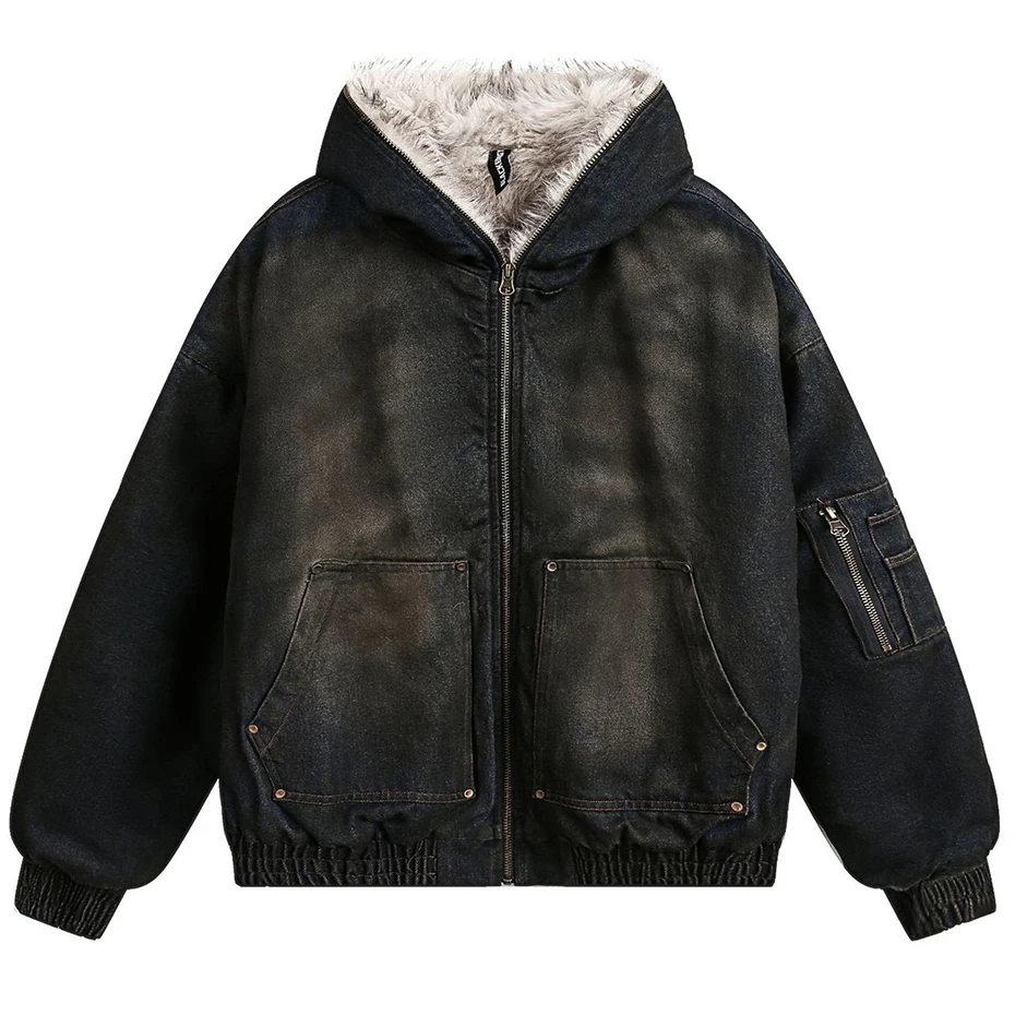 Vintage Denim Parkas Fur Warm Padded Jackets Men Streetwear Harajuku Oversized Bubble Coat Outwear