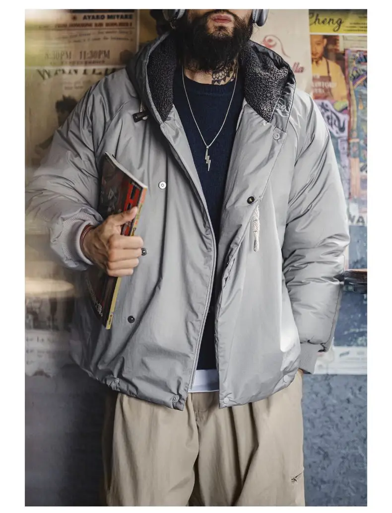 Maden Vintage N-3B Gray Parka for Men Toggle Buttons Hooded Short Coat Heavyweight Thermal Padded Jacket for Autumn Winter