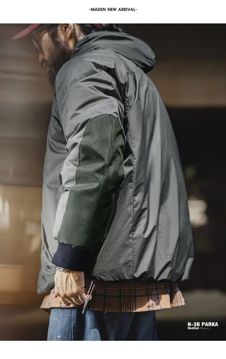 Maden Vintage N-3B Gray Parka for Men Toggle Buttons Hooded Short Coat Heavyweight Thermal Padded Jacket for Autumn Winter