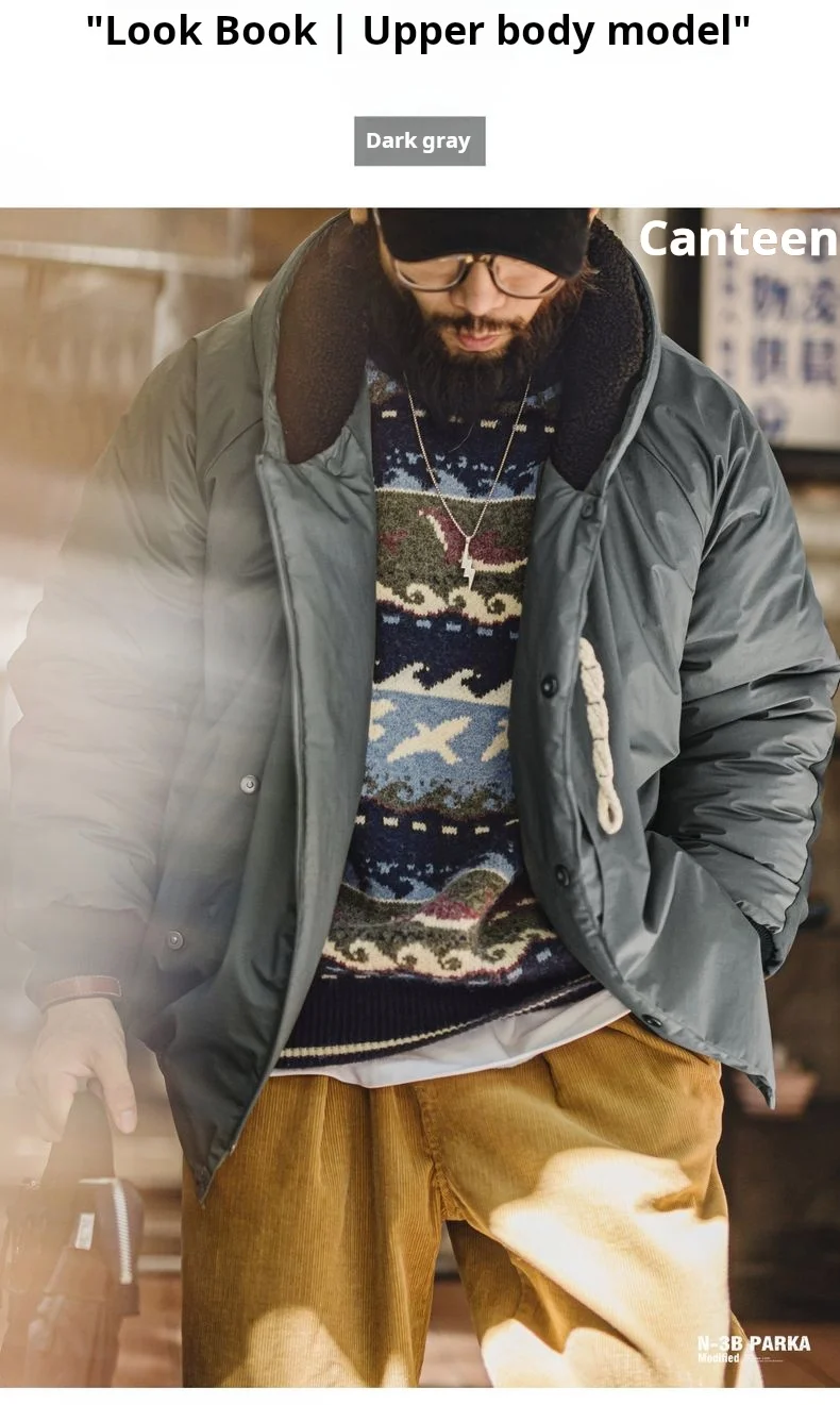 Maden Vintage N-3B Gray Parka for Men Toggle Buttons Hooded Short Coat Heavyweight Thermal Padded Jacket for Autumn Winter
