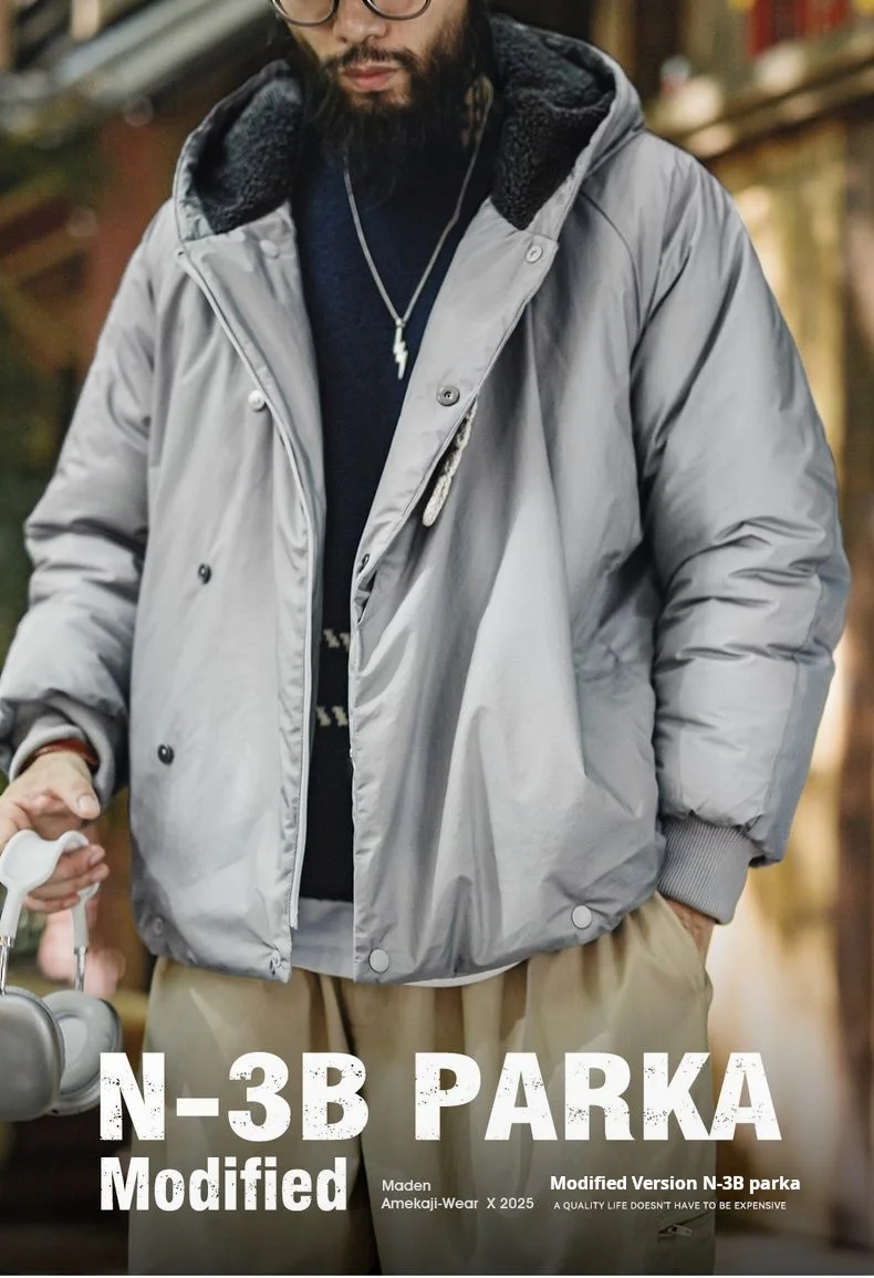 Maden Vintage N-3B Gray Parka for Men Toggle Buttons Hooded Short Coat Heavyweight Thermal Padded Jacket for Autumn Winter