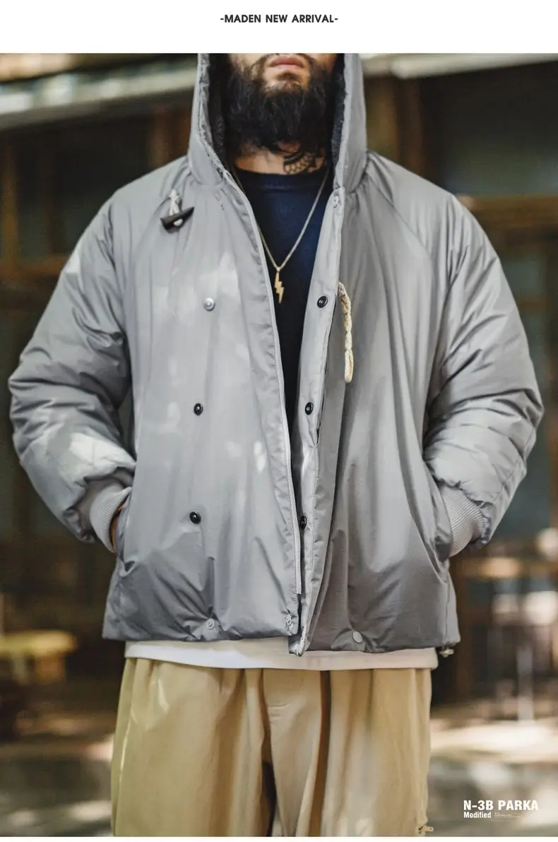 Maden Vintage N-3B Gray Parka for Men Toggle Buttons Hooded Short Coat Heavyweight Thermal Padded Jacket for Autumn Winter