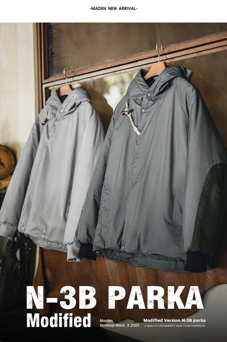 Maden Vintage N-3B Gray Parka for Men Toggle Buttons Hooded Short Coat Heavyweight Thermal Padded Jacket for Autumn Winter