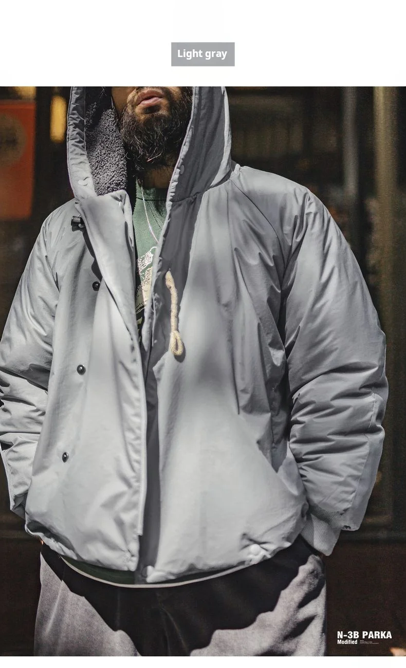 Maden Vintage N-3B Gray Parka for Men Toggle Buttons Hooded Short Coat Heavyweight Thermal Padded Jacket for Autumn Winter
