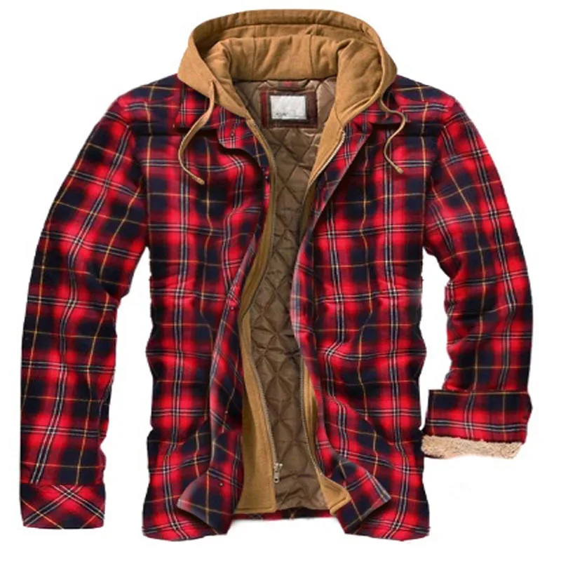 2026 Men's Winter Printed Cotton Jackets Harajuku Plaid Shirts Coats Hooded Zipper Long Sleeve Basic Casual Shirts Jackets Male
