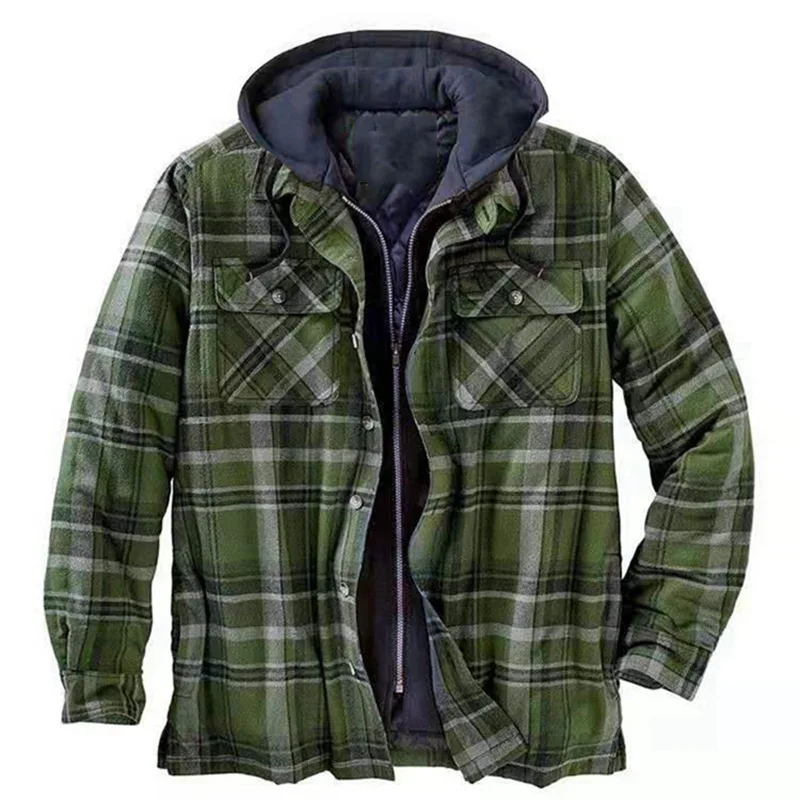 2026 Men's Winter Printed Cotton Jackets Harajuku Plaid Shirts Coats Hooded Zipper Long Sleeve Basic Casual Shirts Jackets Male