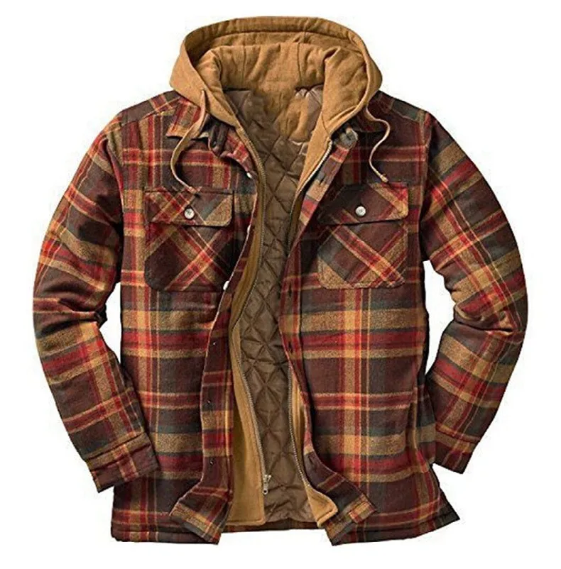 2026 Men's Winter Printed Cotton Jackets Harajuku Plaid Shirts Coats Hooded Zipper Long Sleeve Basic Casual Shirts Jackets Male