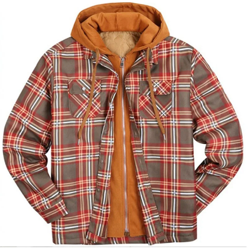 2026 Men's Winter Printed Cotton Jackets Harajuku Plaid Shirts Coats Hooded Zipper Long Sleeve Basic Casual Shirts Jackets Male
