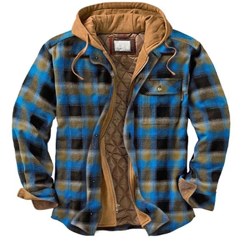 2026 Men's Winter Printed Cotton Jackets Harajuku Plaid Shirts Coats Hooded Zipper Long Sleeve Basic Casual Shirts Jackets Male