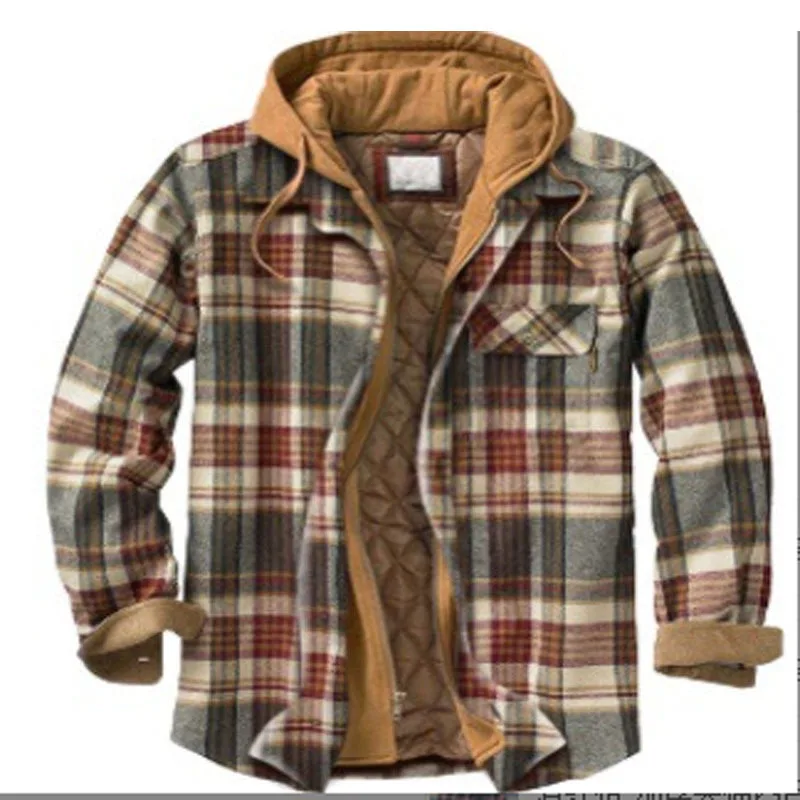 2026 Men's Winter Printed Cotton Jackets Harajuku Plaid Shirts Coats Hooded Zipper Long Sleeve Basic Casual Shirts Jackets Male
