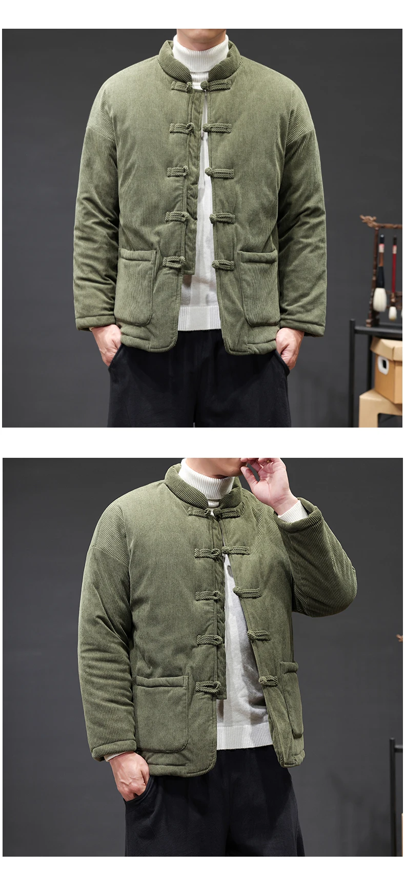 2024 Thicken Winter Jackets Men Chinese Style Corduroy Warm Tang Suit Hanfu Parkas Man Retro Disc Buckle Male Coat