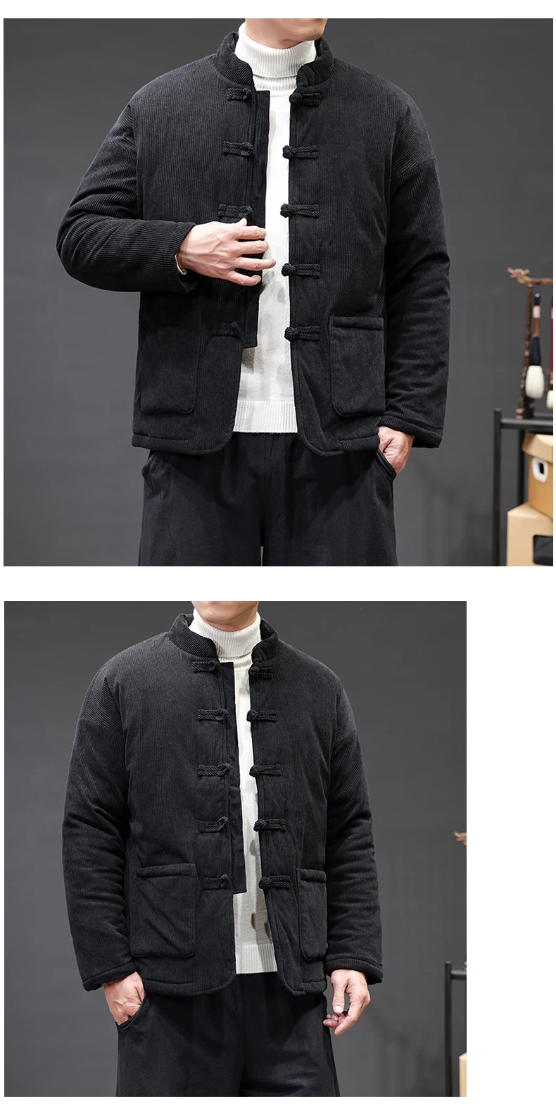 2024 Thicken Winter Jackets Men Chinese Style Corduroy Warm Tang Suit Hanfu Parkas Man Retro Disc Buckle Male Coat