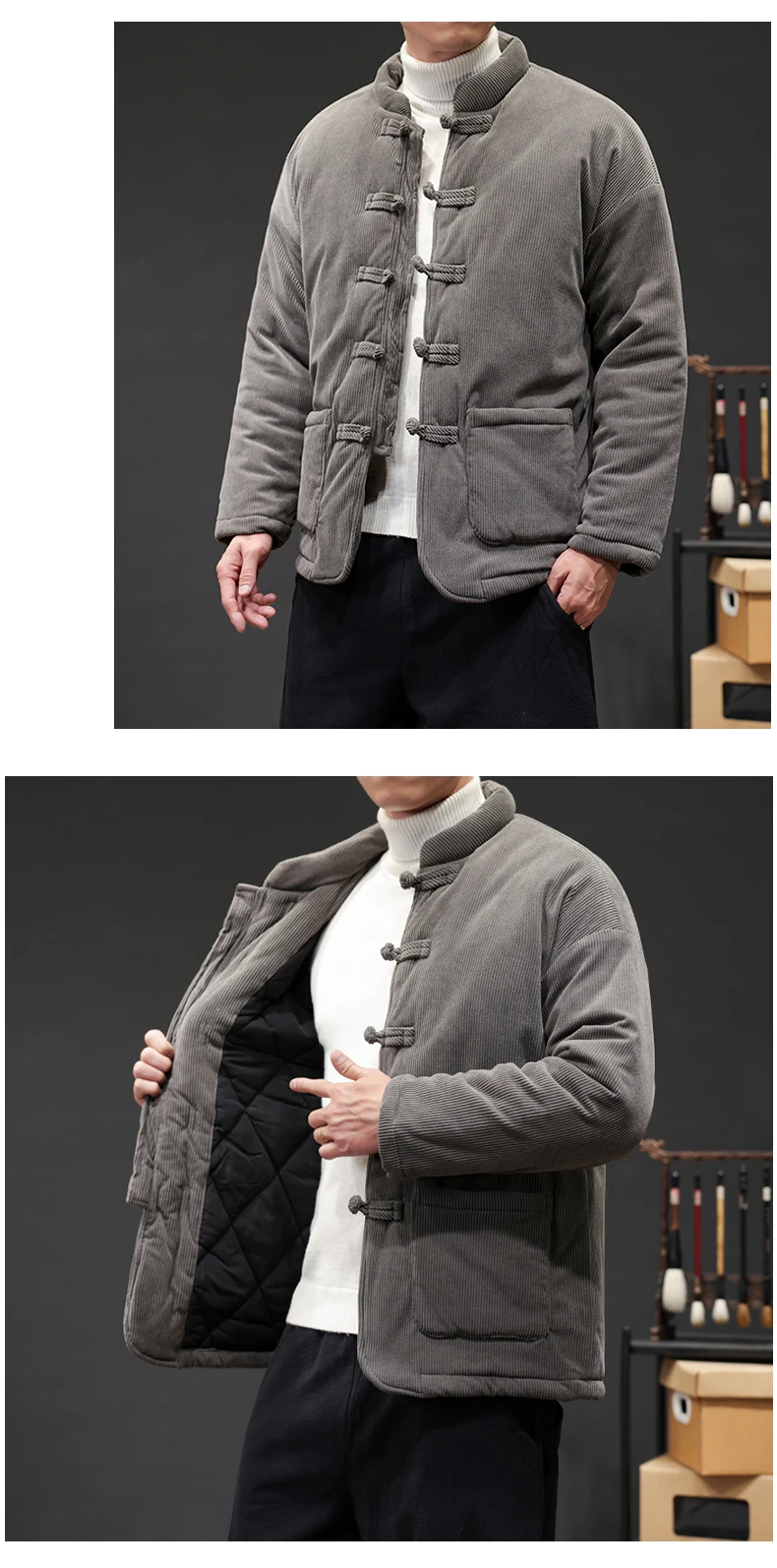 2024 Thicken Winter Jackets Men Chinese Style Corduroy Warm Tang Suit Hanfu Parkas Man Retro Disc Buckle Male Coat
