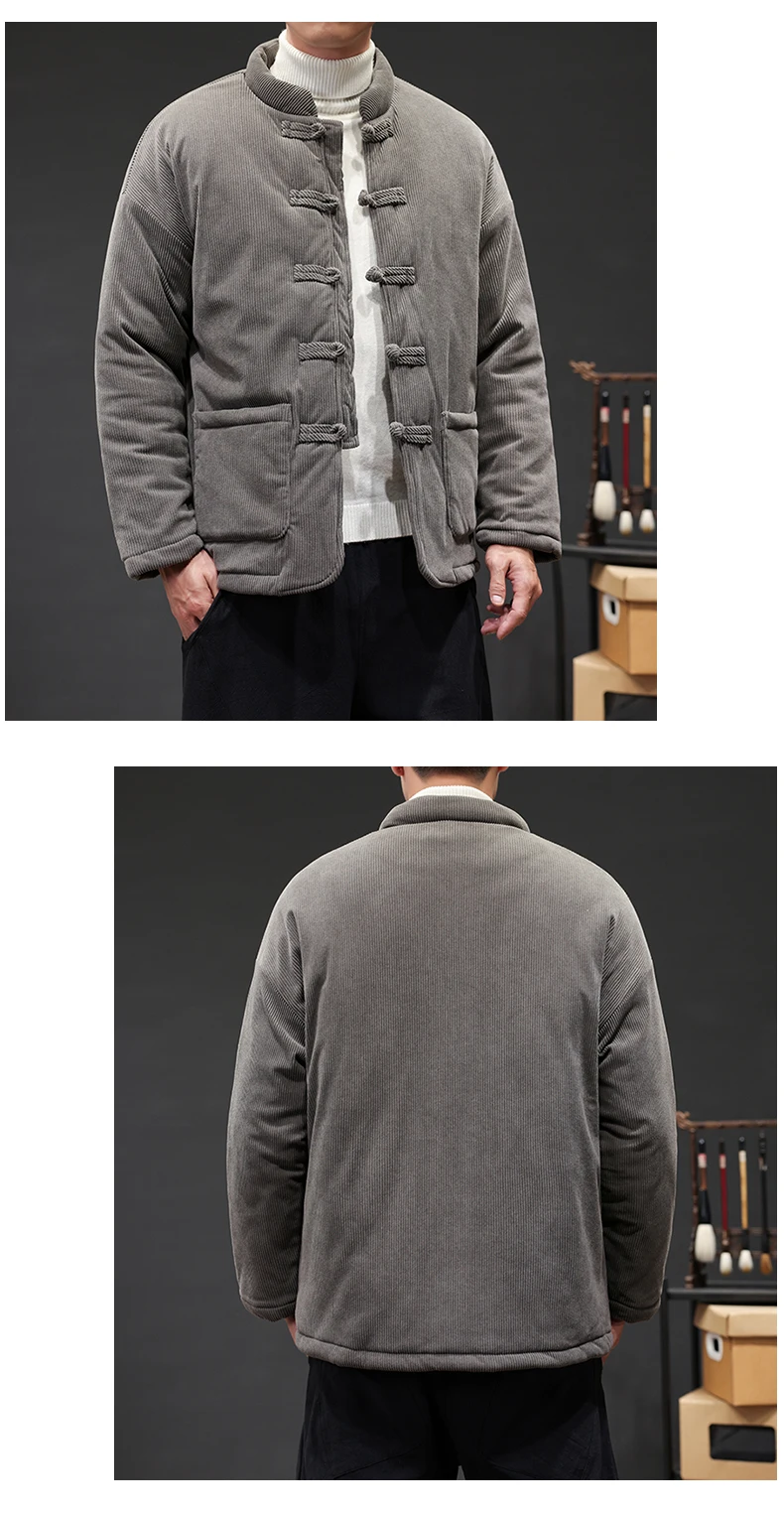 2024 Thicken Winter Jackets Men Chinese Style Corduroy Warm Tang Suit Hanfu Parkas Man Retro Disc Buckle Male Coat