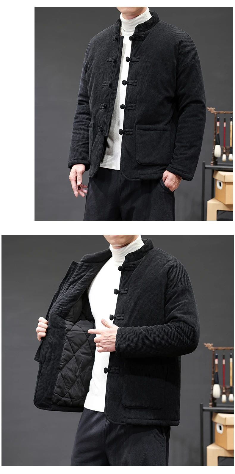 2024 Thicken Winter Jackets Men Chinese Style Corduroy Warm Tang Suit Hanfu Parkas Man Retro Disc Buckle Male Coat