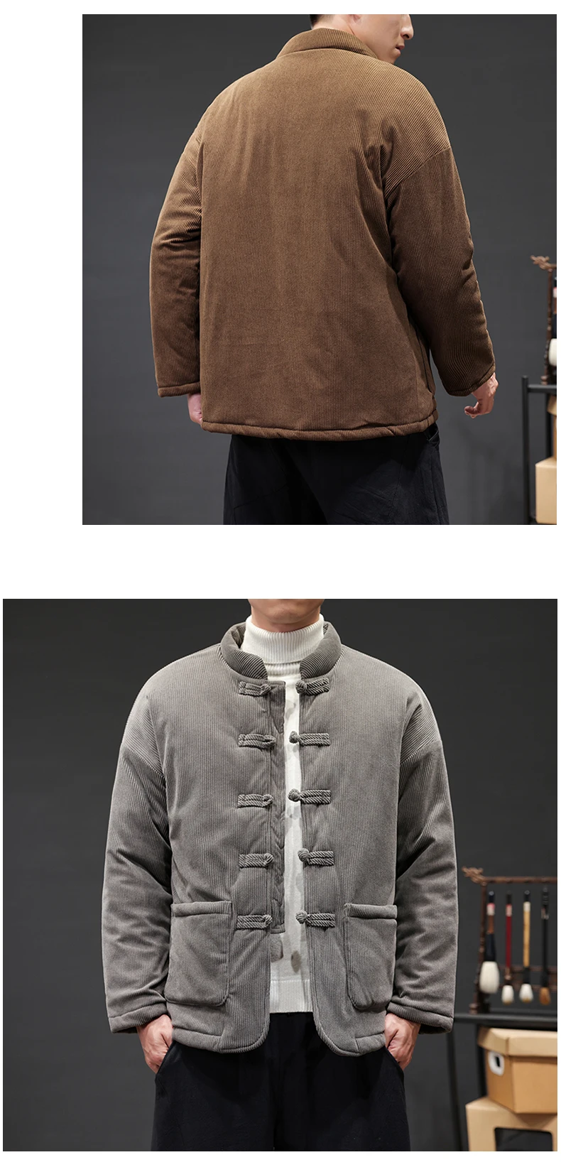 2024 Thicken Winter Jackets Men Chinese Style Corduroy Warm Tang Suit Hanfu Parkas Man Retro Disc Buckle Male Coat