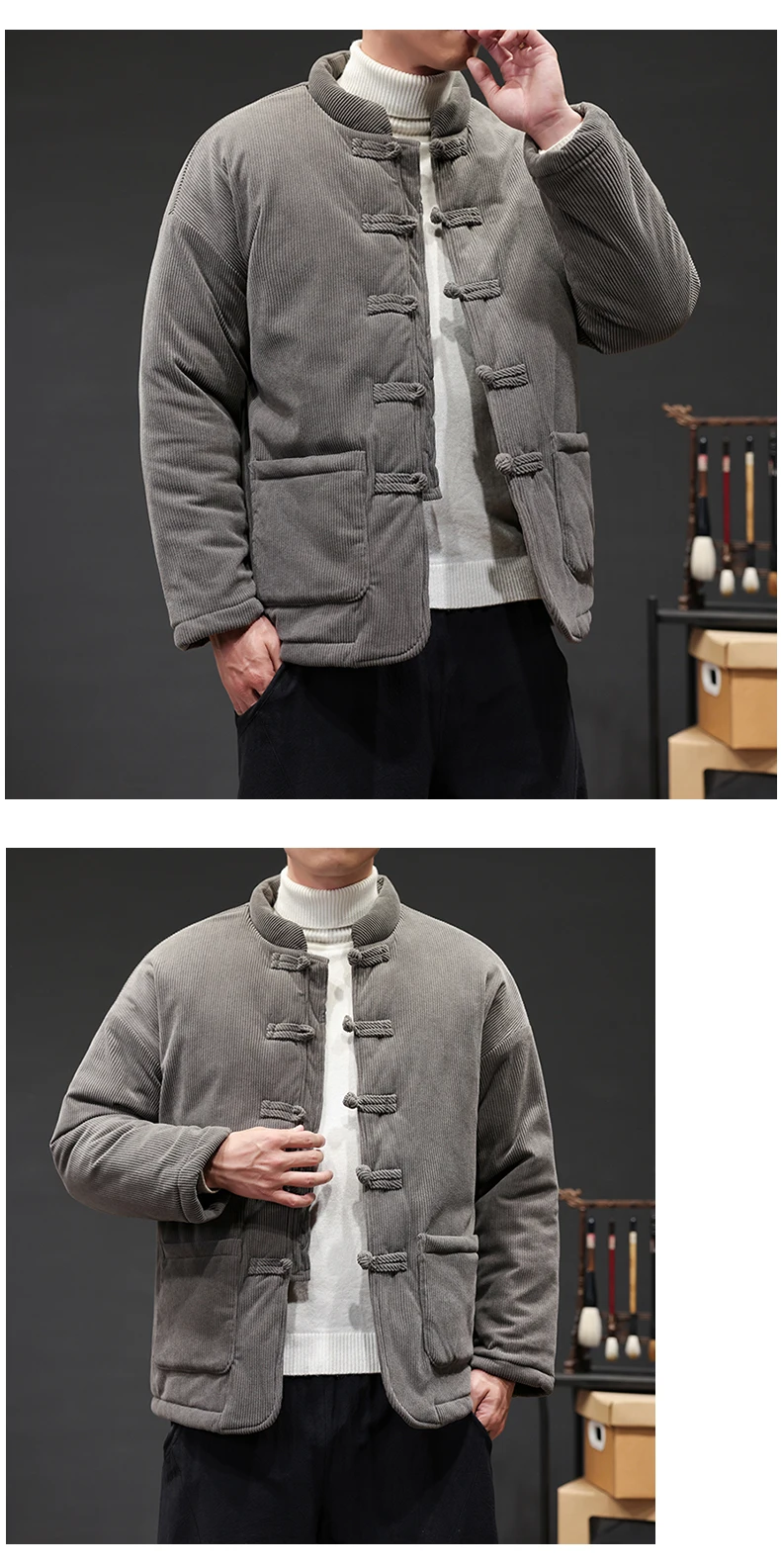 2024 Thicken Winter Jackets Men Chinese Style Corduroy Warm Tang Suit Hanfu Parkas Man Retro Disc Buckle Male Coat