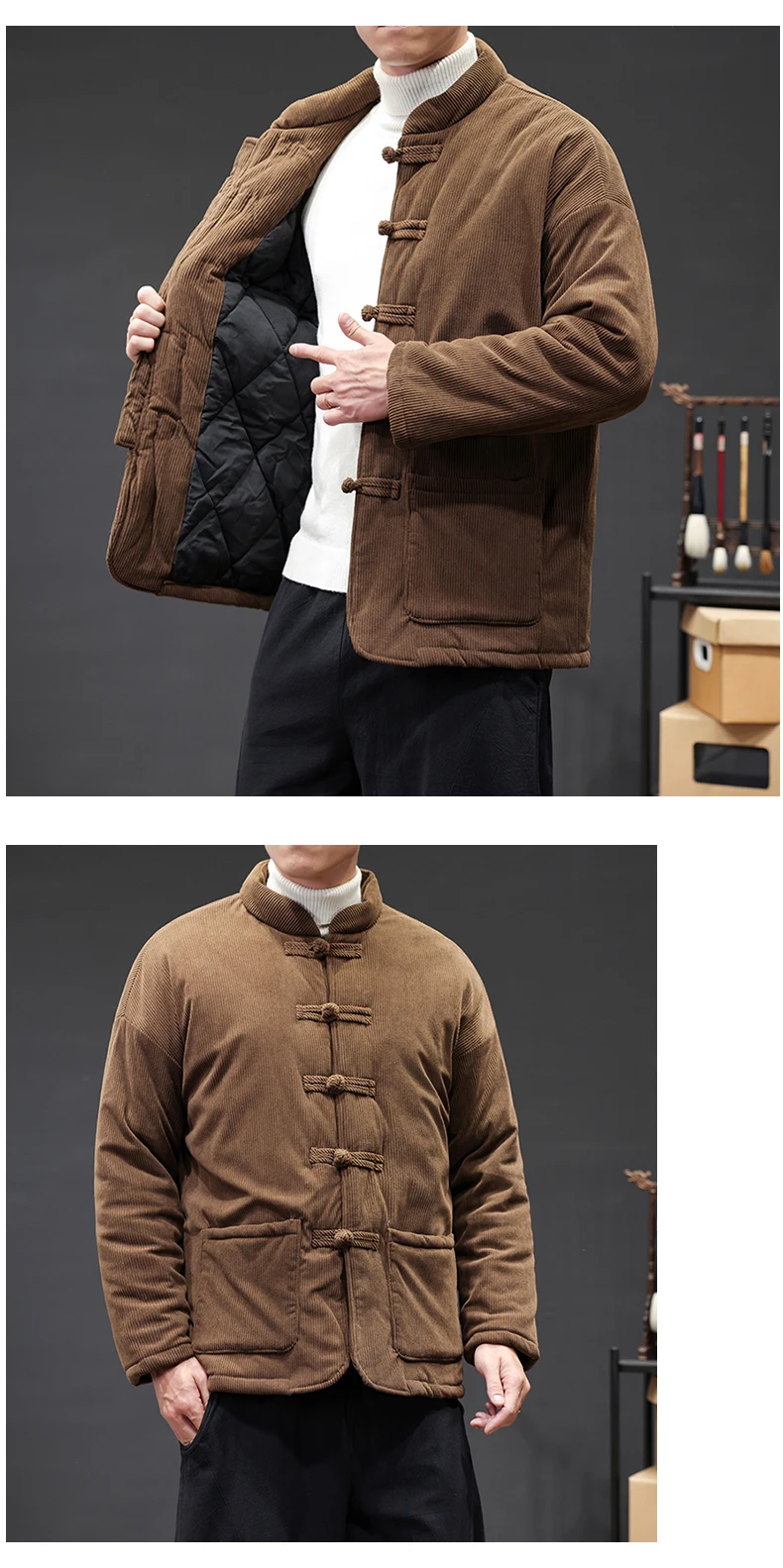 2024 Thicken Winter Jackets Men Chinese Style Corduroy Warm Tang Suit Hanfu Parkas Man Retro Disc Buckle Male Coat