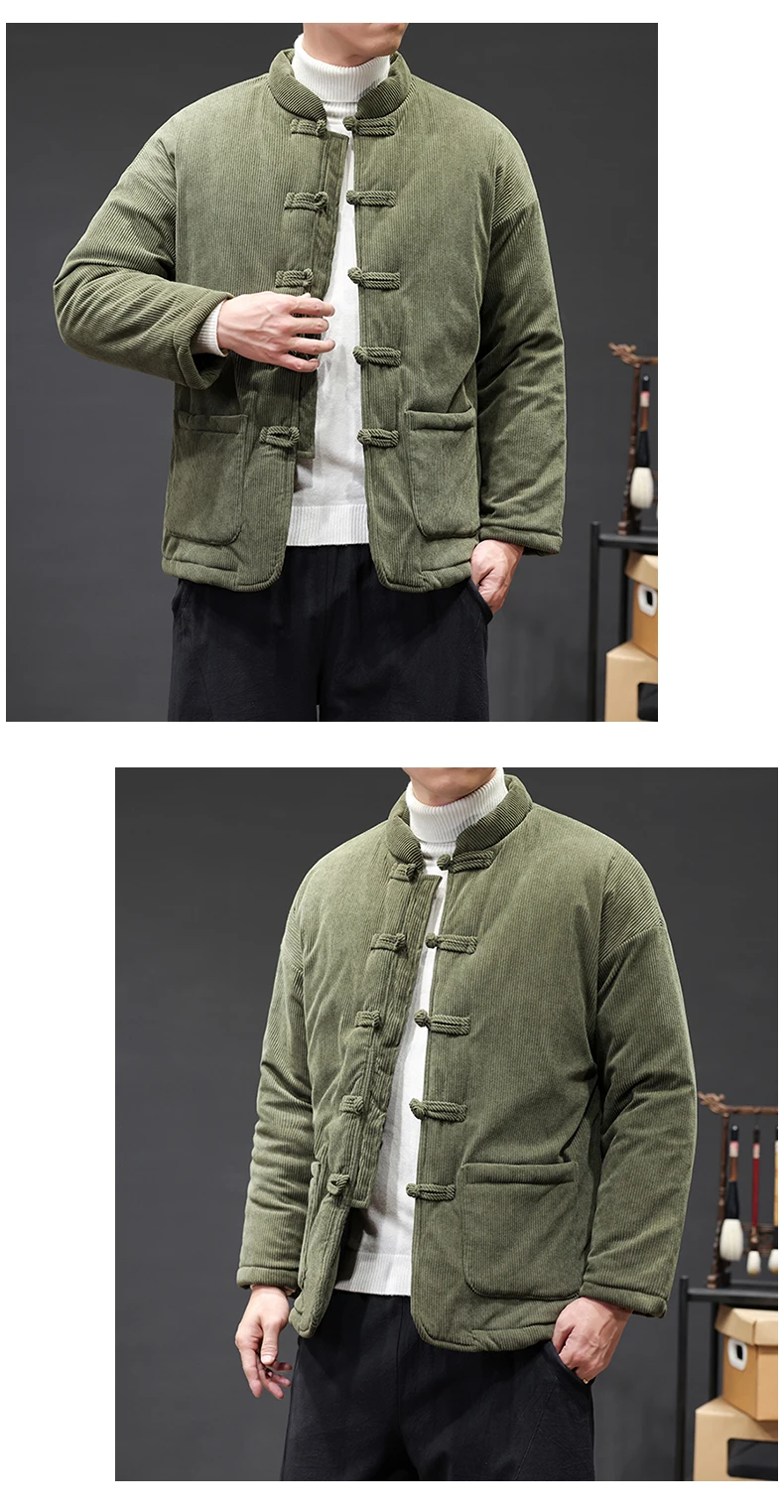 2024 Thicken Winter Jackets Men Chinese Style Corduroy Warm Tang Suit Hanfu Parkas Man Retro Disc Buckle Male Coat