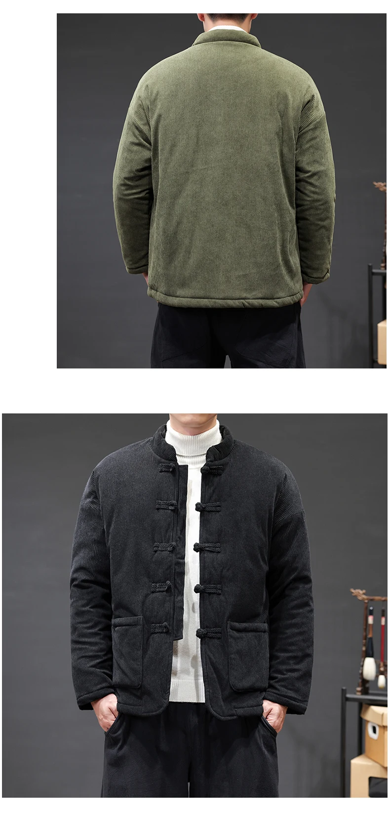 2024 Thicken Winter Jackets Men Chinese Style Corduroy Warm Tang Suit Hanfu Parkas Man Retro Disc Buckle Male Coat