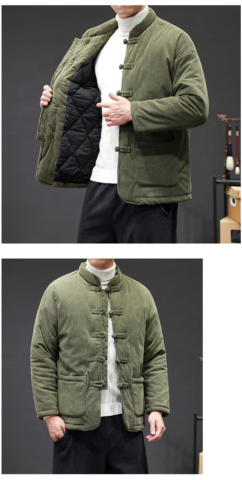 2024 Thicken Winter Jackets Men Chinese Style Corduroy Warm Tang Suit Hanfu Parkas Man Retro Disc Buckle Male Coat