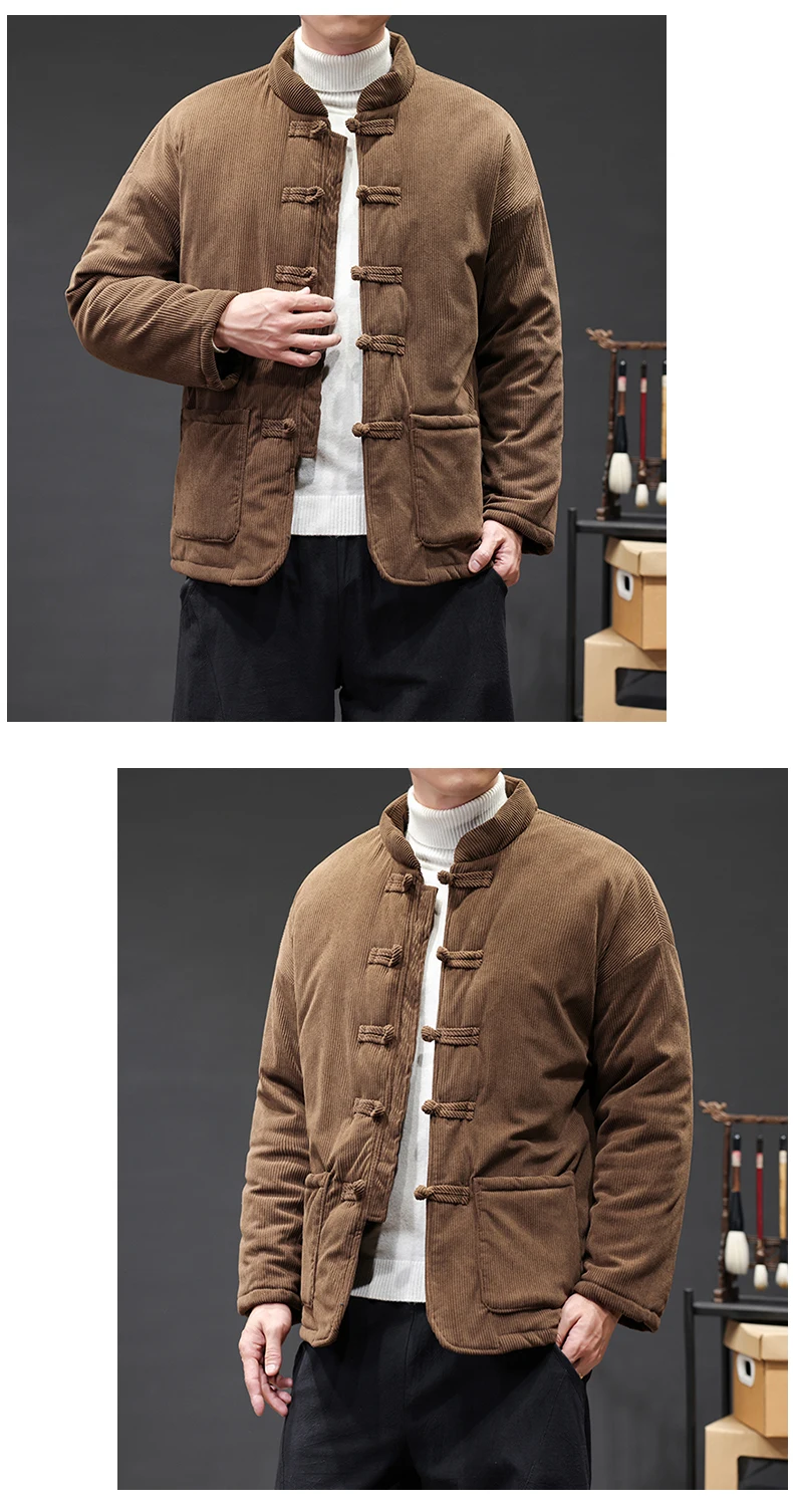 2024 Thicken Winter Jackets Men Chinese Style Corduroy Warm Tang Suit Hanfu Parkas Man Retro Disc Buckle Male Coat