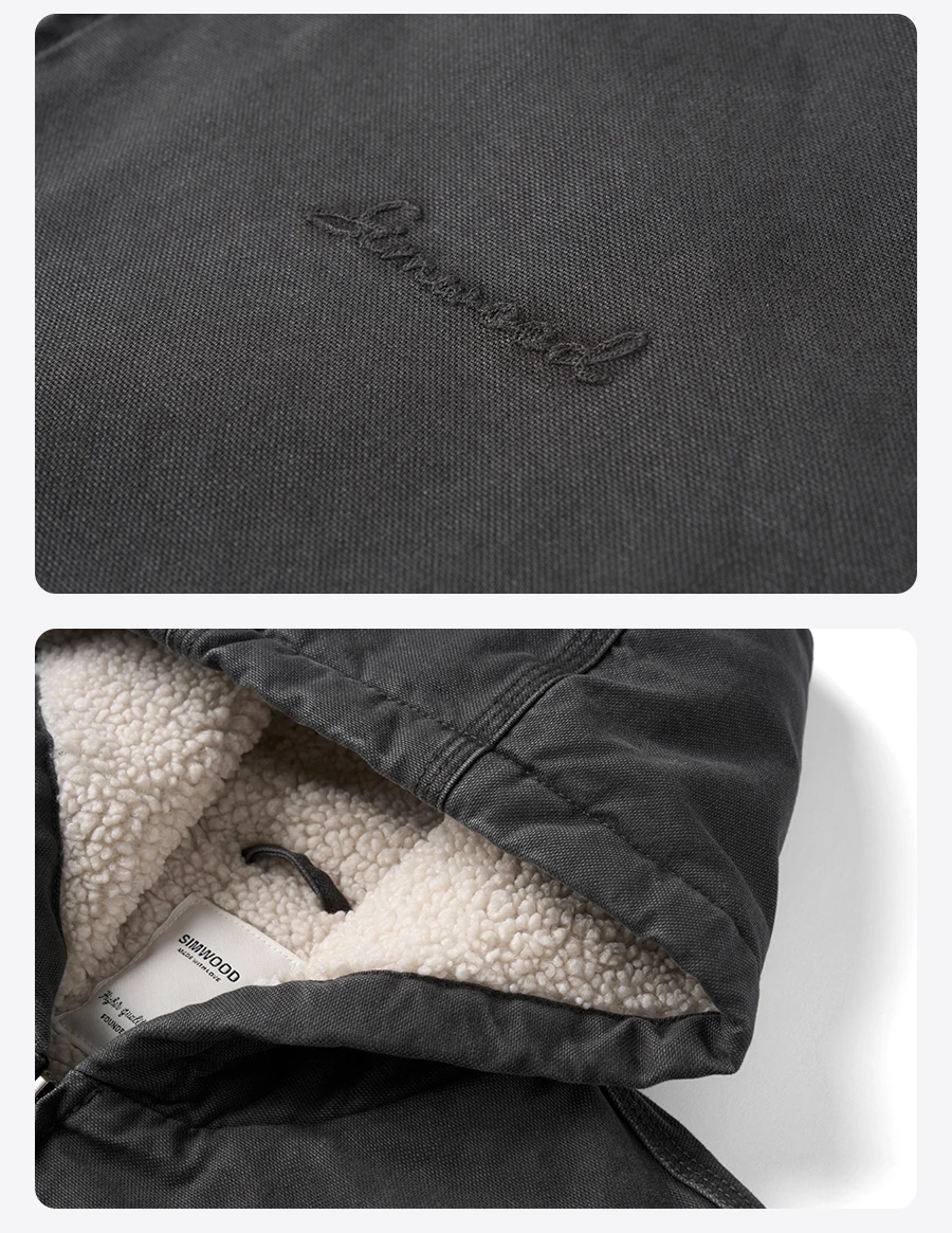 SIMWOOD 2025 Winter New Oversize Washed Vintage Sherpa Lined Jackets Men Plus Size Hooded Warm Coats Brand Clothing