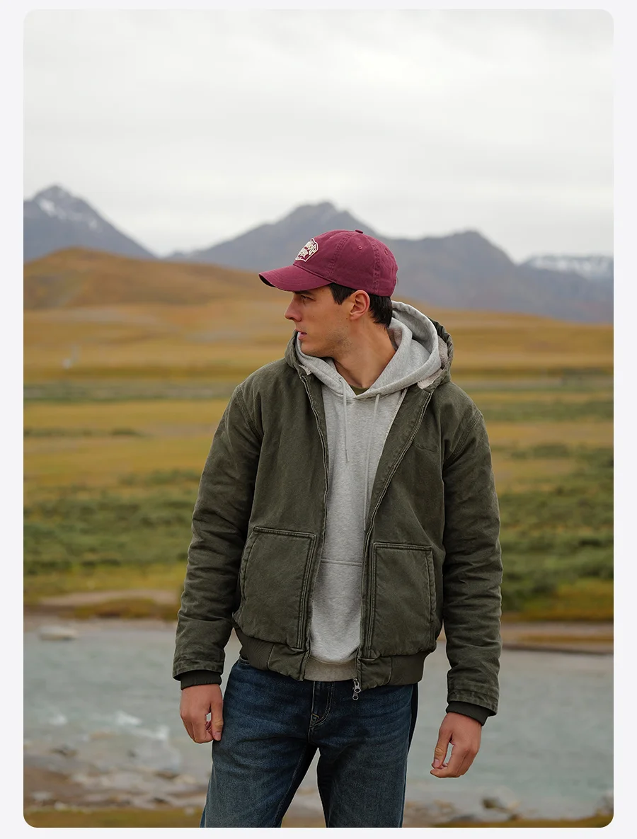 SIMWOOD 2025 Winter New Oversize Washed Vintage Sherpa Lined Jackets Men Plus Size Hooded Warm Coats Brand Clothing