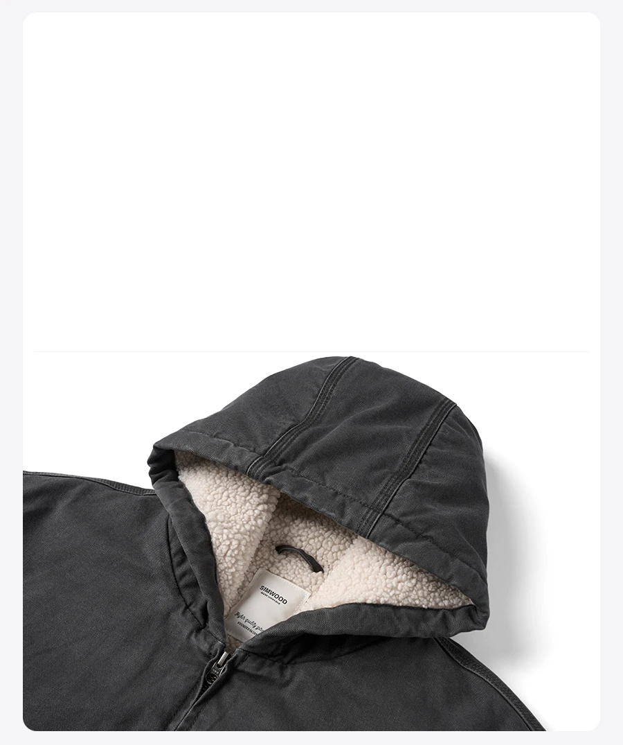 SIMWOOD 2025 Winter New Oversize Washed Vintage Sherpa Lined Jackets Men Plus Size Hooded Warm Coats Brand Clothing
