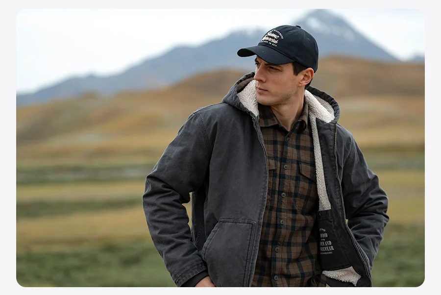 SIMWOOD 2025 Winter New Oversize Washed Vintage Sherpa Lined Jackets Men Plus Size Hooded Warm Coats Brand Clothing